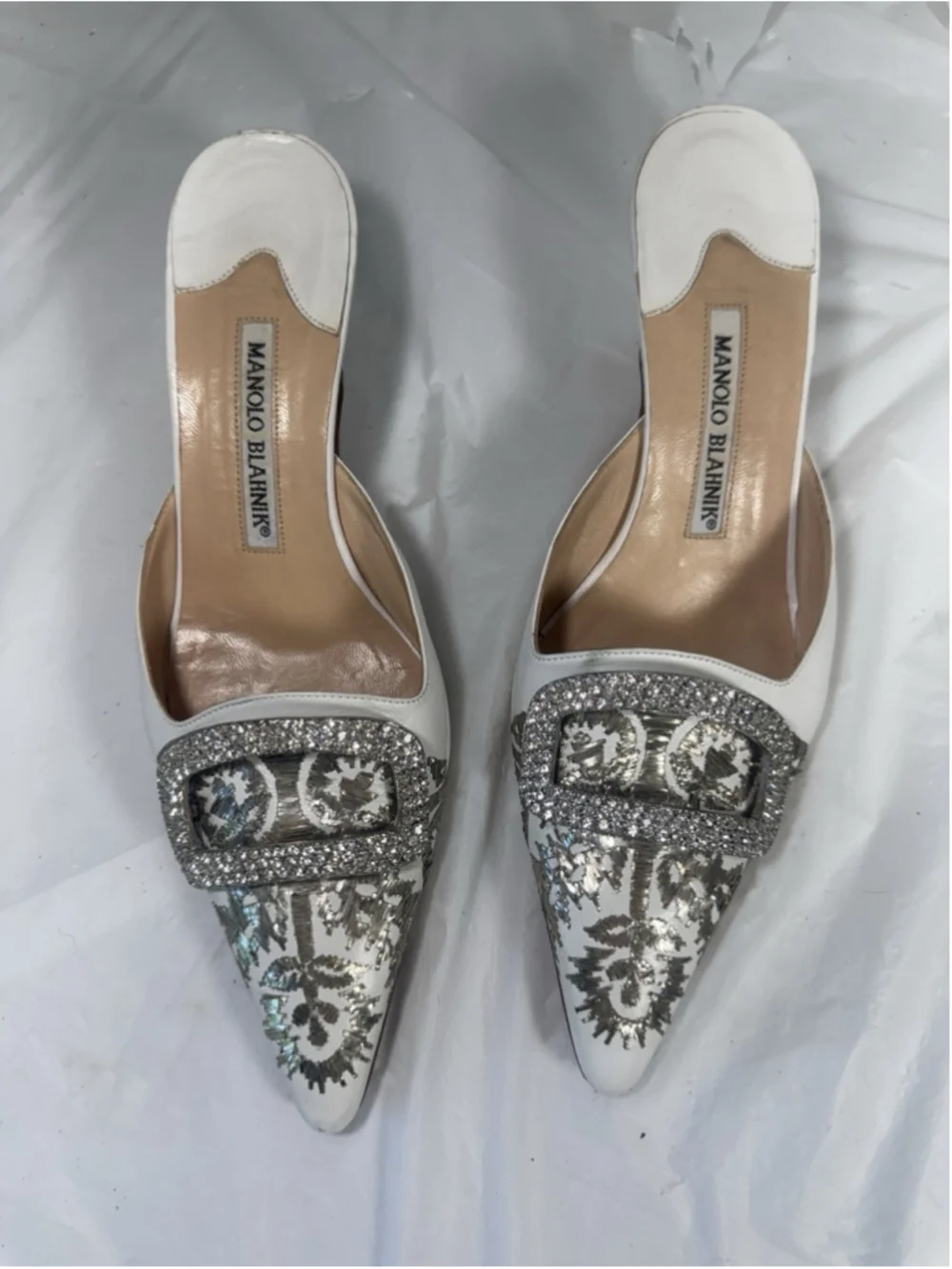 Manolo Blahnik Leather Mules White Graphic Print Crystals - Picture 14 of 14